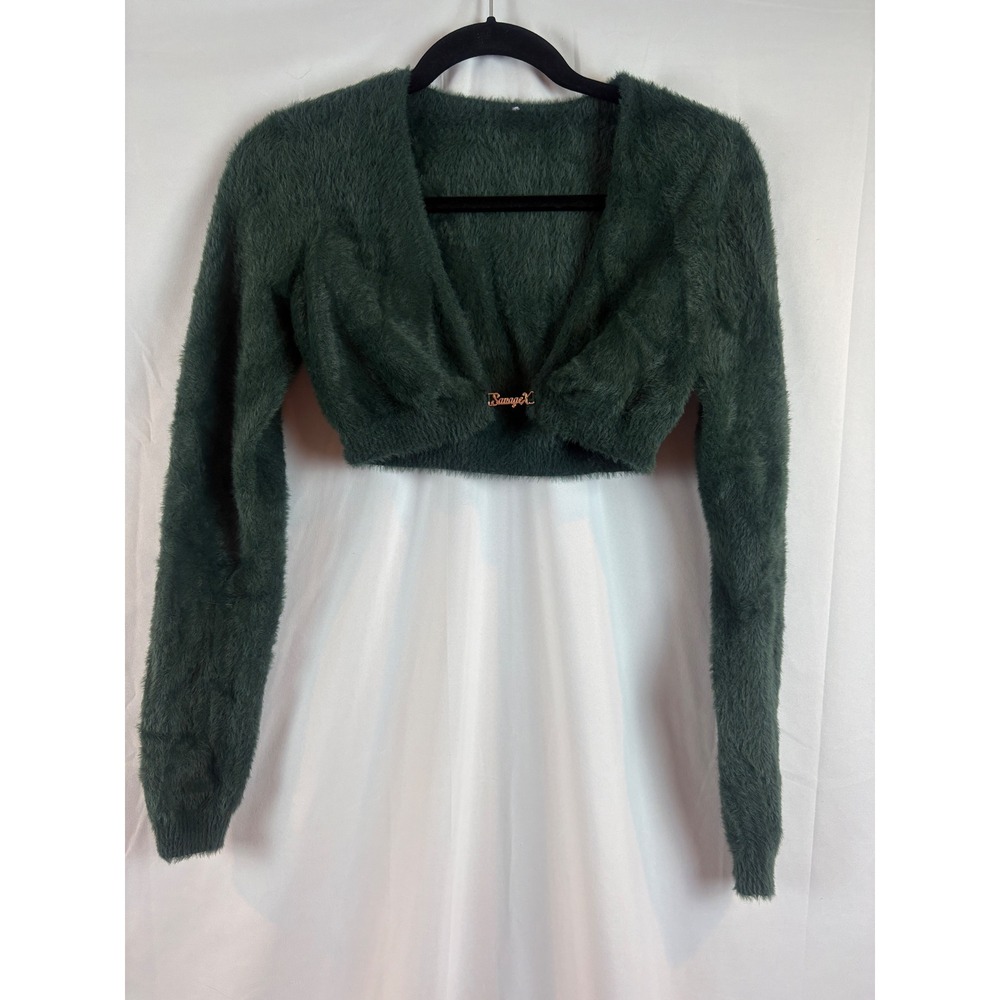 Savage X Fenty Green Fuzzy Cropped Cardigan Sweater Long Sleeve XS Small